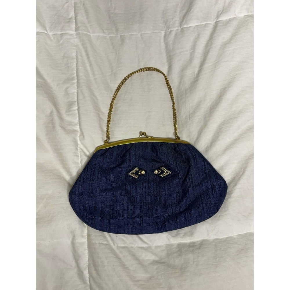 Blue Beaded Women's Bag with Gold Chain